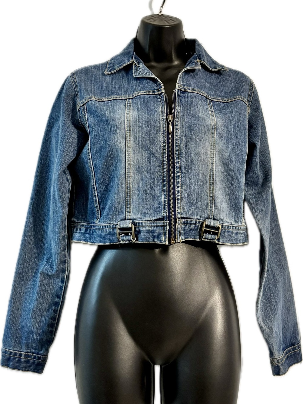 Cropped Blue Denim Zip-Front Jacket with Buckle Detail